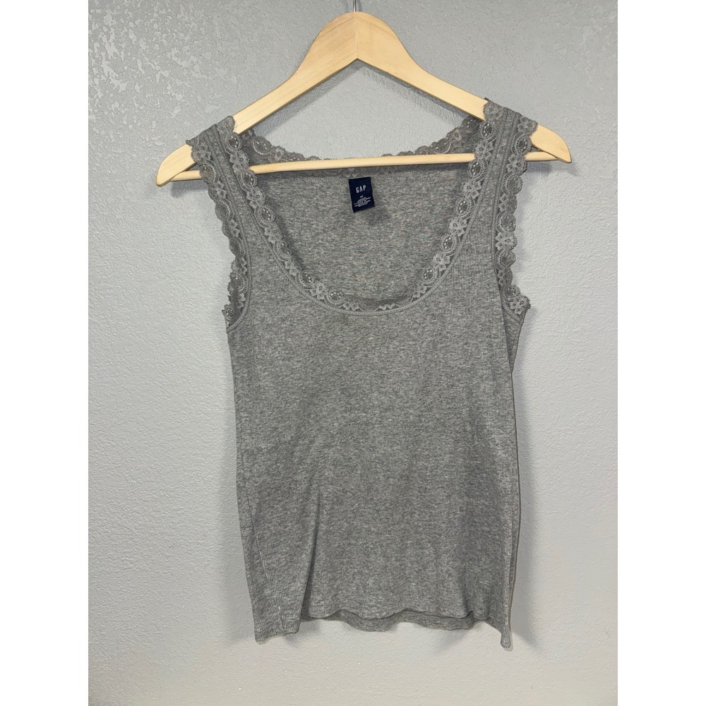 Gap Womens Heather Gray Ribbed Lace Trim Scoop Neck Tank Top Size M